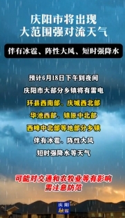 慶陽(yáng)市將出現(xiàn)大范圍強(qiáng)對(duì)流天氣，伴有冰雹、陣性大風(fēng)、短時(shí)強(qiáng)降水